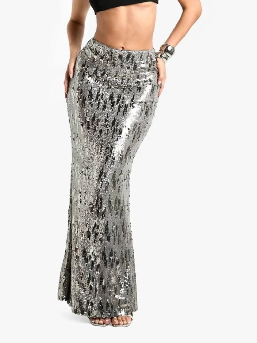 BooHoo Silver Sequin Floor Sweeping Maxi Skirt Size 8 NWT